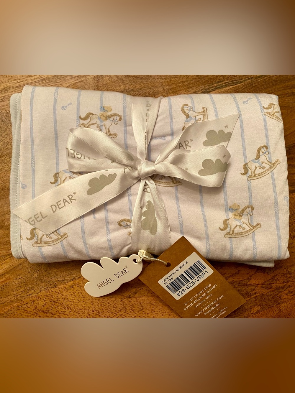 NWT Angel Dear Baby Blanket - White with Pale Blue & Beige Rocking Horse Print
